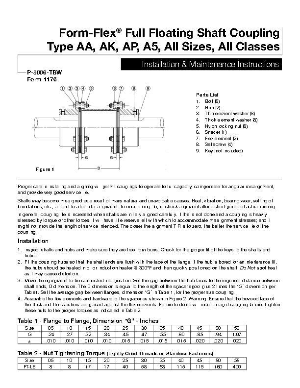 Form-Flex Full Floating Shaft Coupling Type AA, AK, AP, A5 All Sizes, All Classes