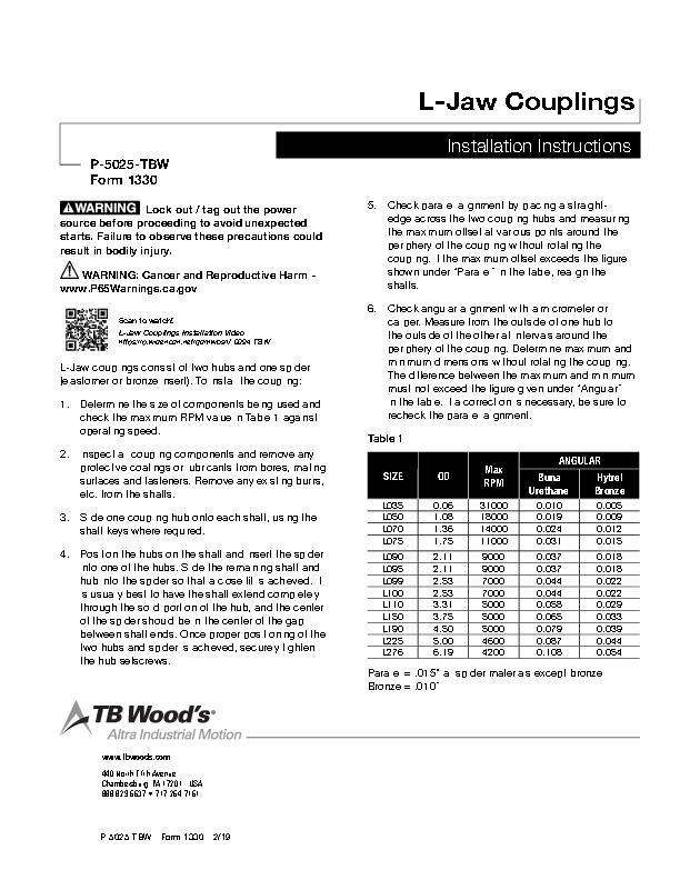 Jaw Couplings Installation Instructions